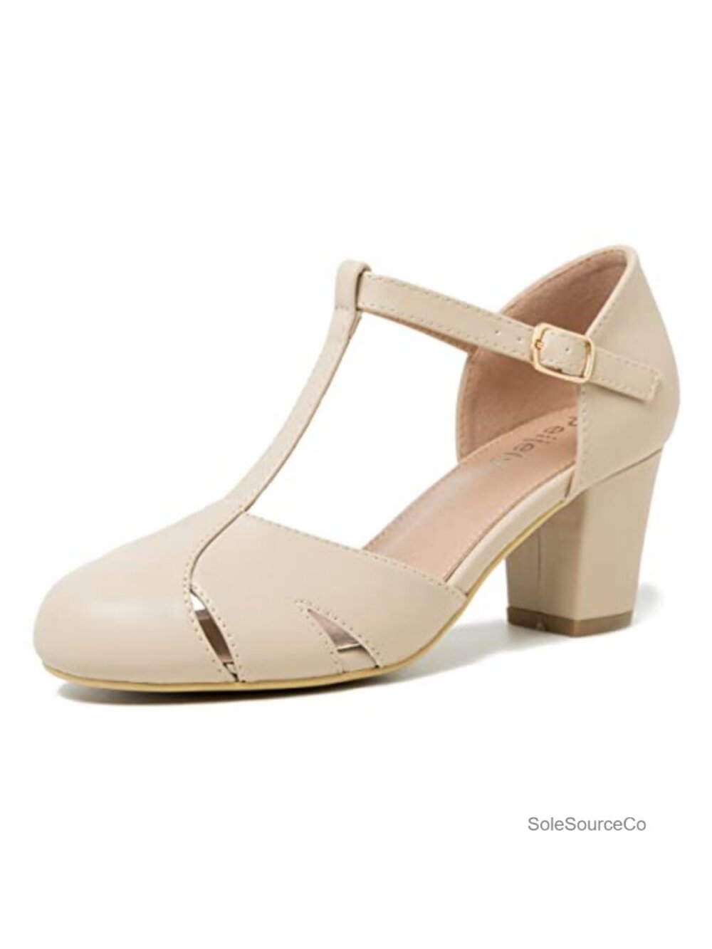 T-Strap Block Heel Pumps with Ankle Buckle Closure, D'Orsay Cut Out Round Toe